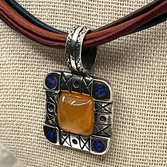 Vintage Ava Yetter Southwestern Pendant Necklace – Amber, Lapis, 925 Sterling - Picture 3 of 17